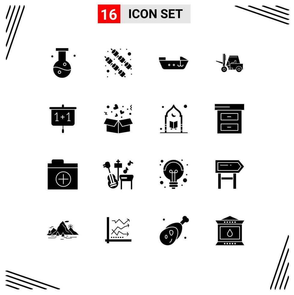 16 User Interface Solid Glyph Pack of modern Signs and Symbols of presentation chart boat transport lifting Editable Vector Design Elements