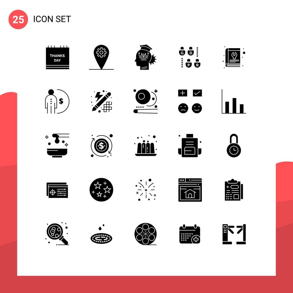 Group of 25 Solid Glyphs Signs and Symbols for manual security knowledge lock technology Editable Vector Design Elements