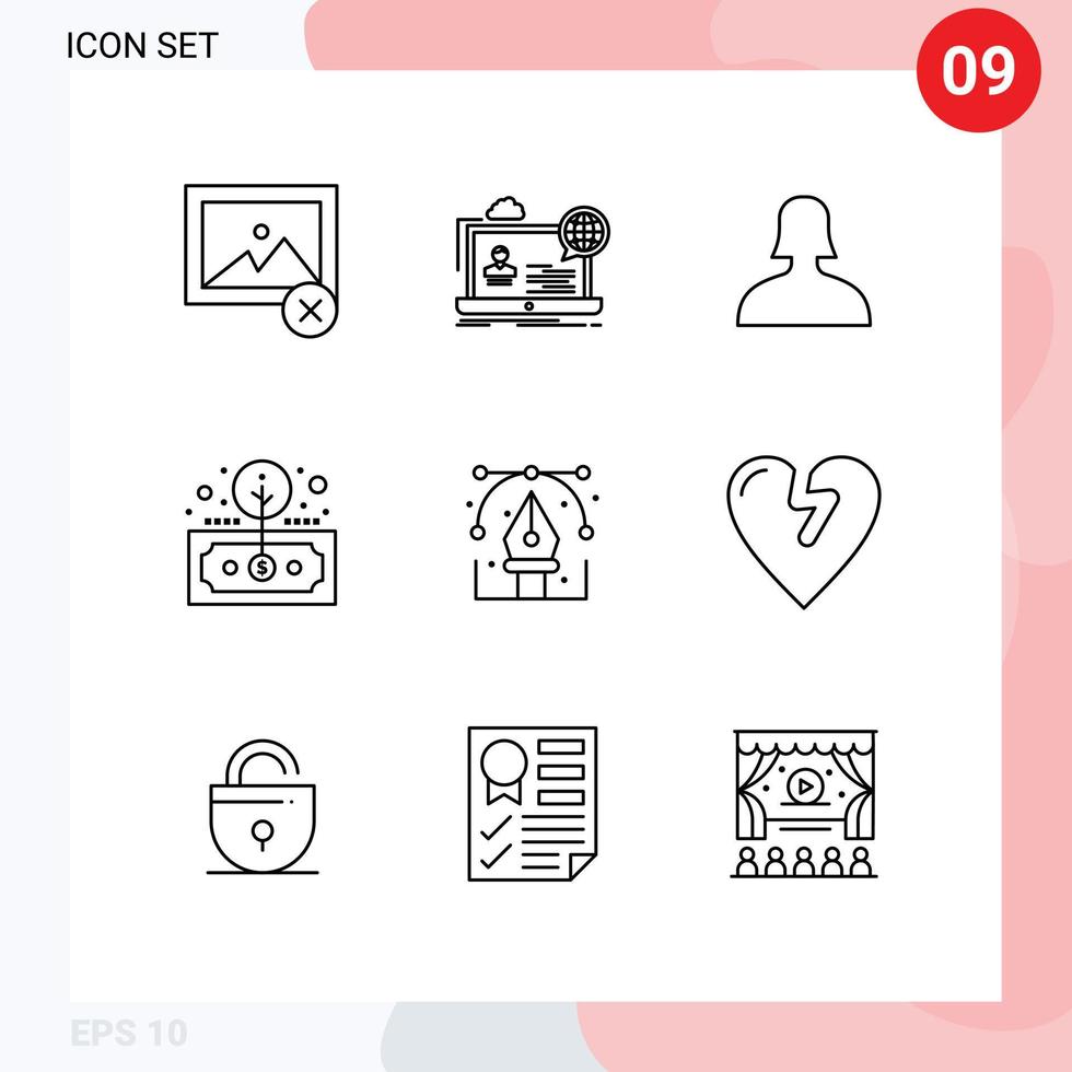 Pack of 9 Modern Outlines Signs and Symbols for Web Print Media such as design roi avatar return finance Editable Vector Design Elements