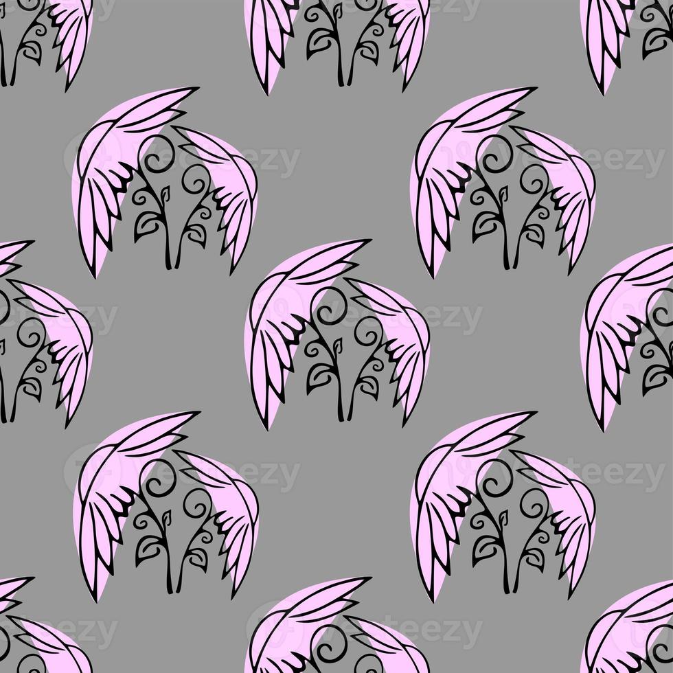 symmetrical seamless floral pattern, black graphic drawing on a gray background, texture, design photo