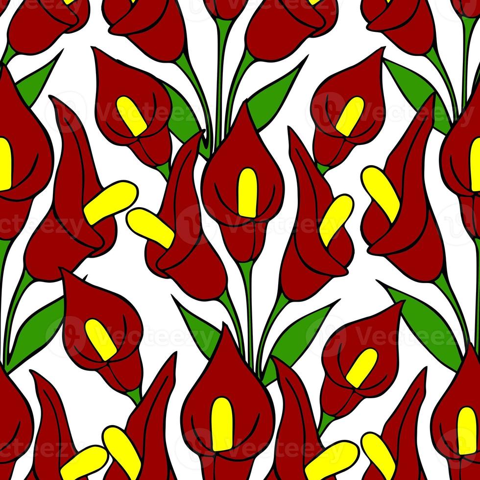 symmetrical seamless pattern of red flowers on a white background, texture, design photo