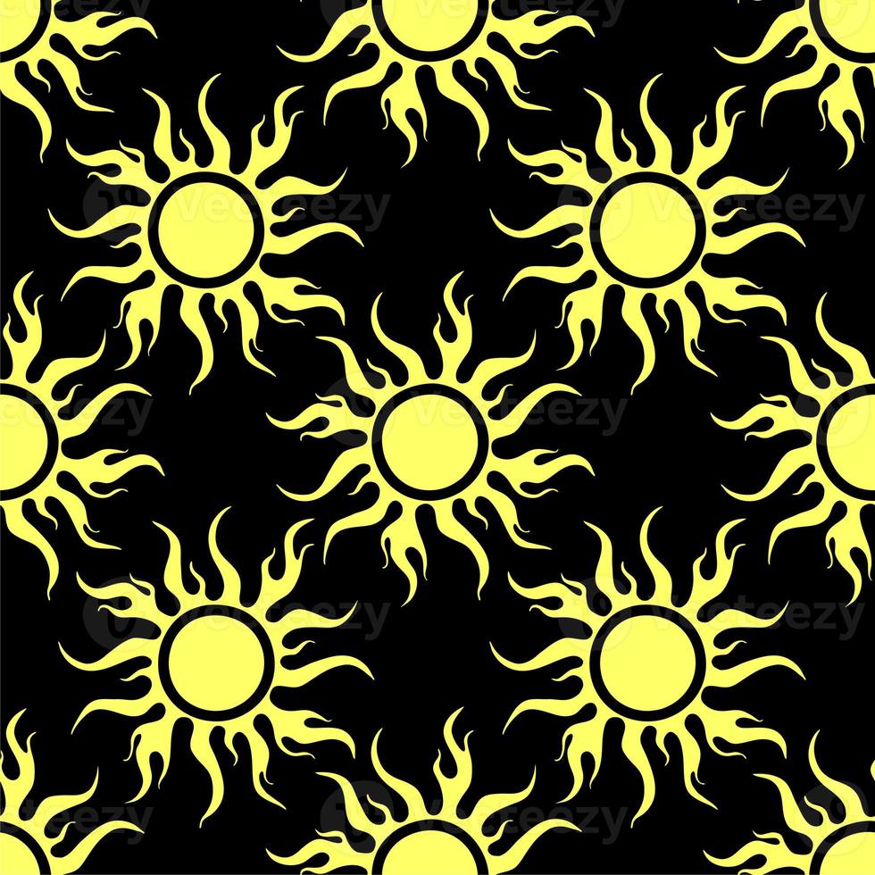 seamless symmetrical graphic pattern of yellow suns on a black background, texture, design photo