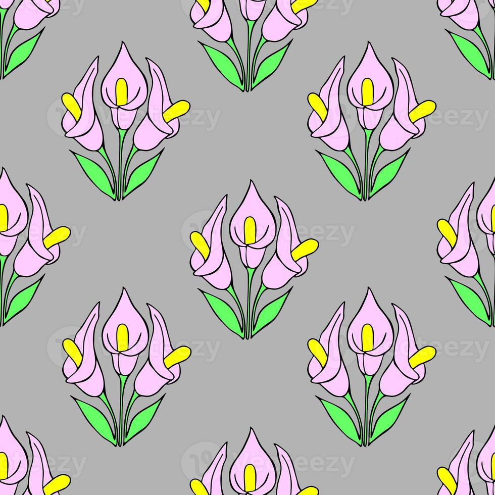 symmetrical seamless pattern of pink flowers on a gray background, texture, design photo