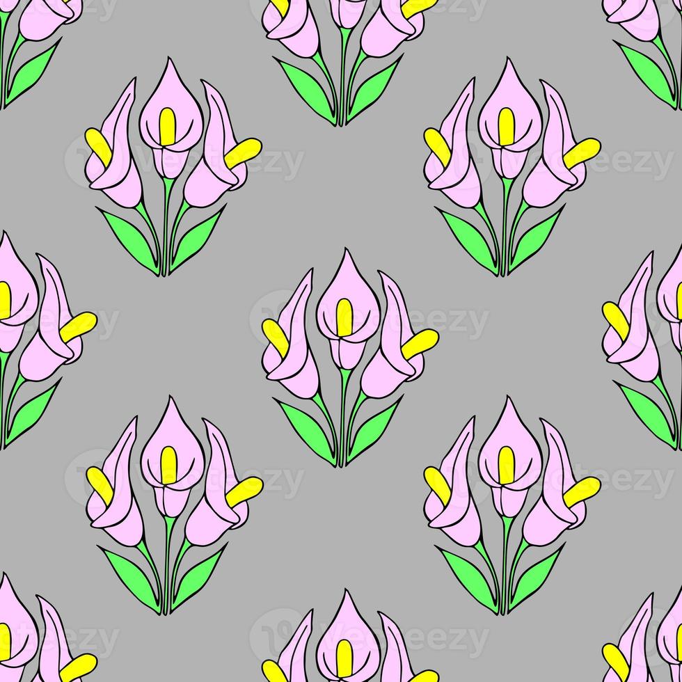 symmetrical seamless pattern of pink flowers on a gray background, texture, design photo