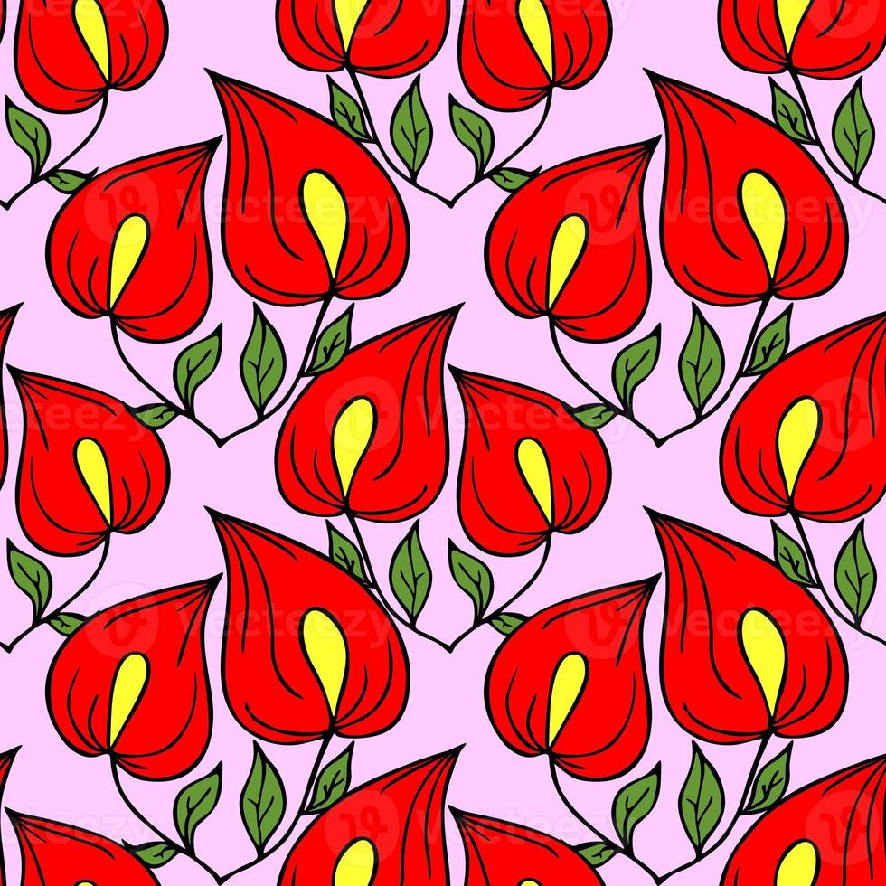 seamless symmetrical graphic pattern of red flowers on a pink background, texter, design photo