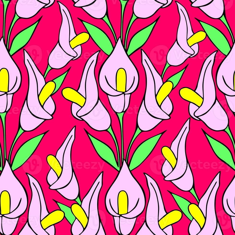 symmetrical seamless pattern of pink flowers on a pink background, texture, design photo