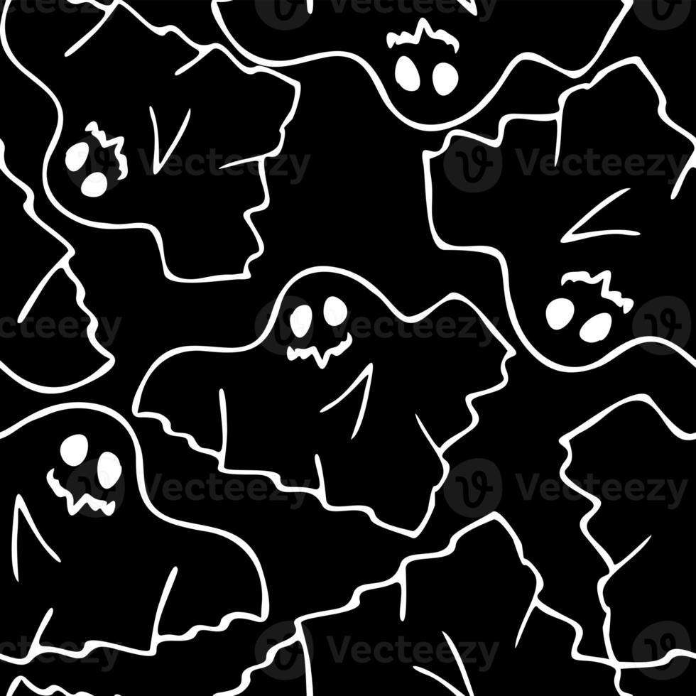 seamless contour pattern of graphic flying white ghosts on a black background, texture, design photo