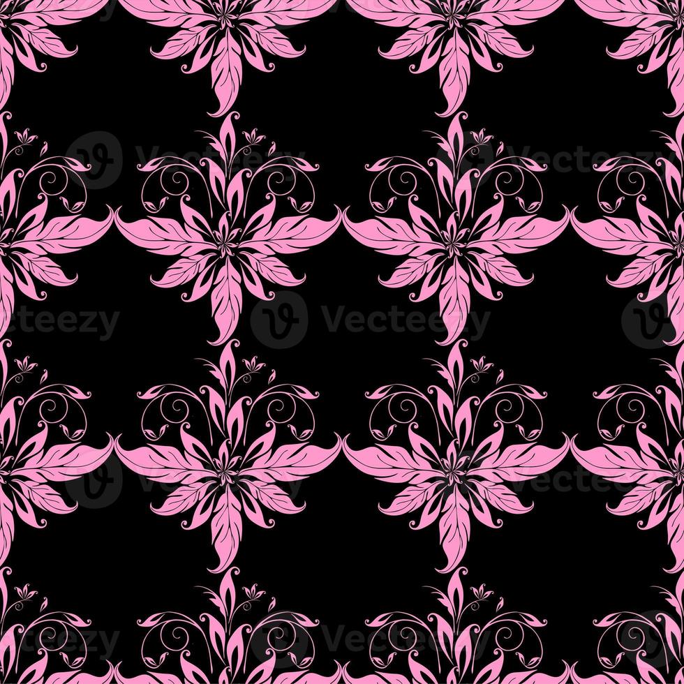 seamless graphic pattern, floral pink ornament tile on black background, texture, design photo