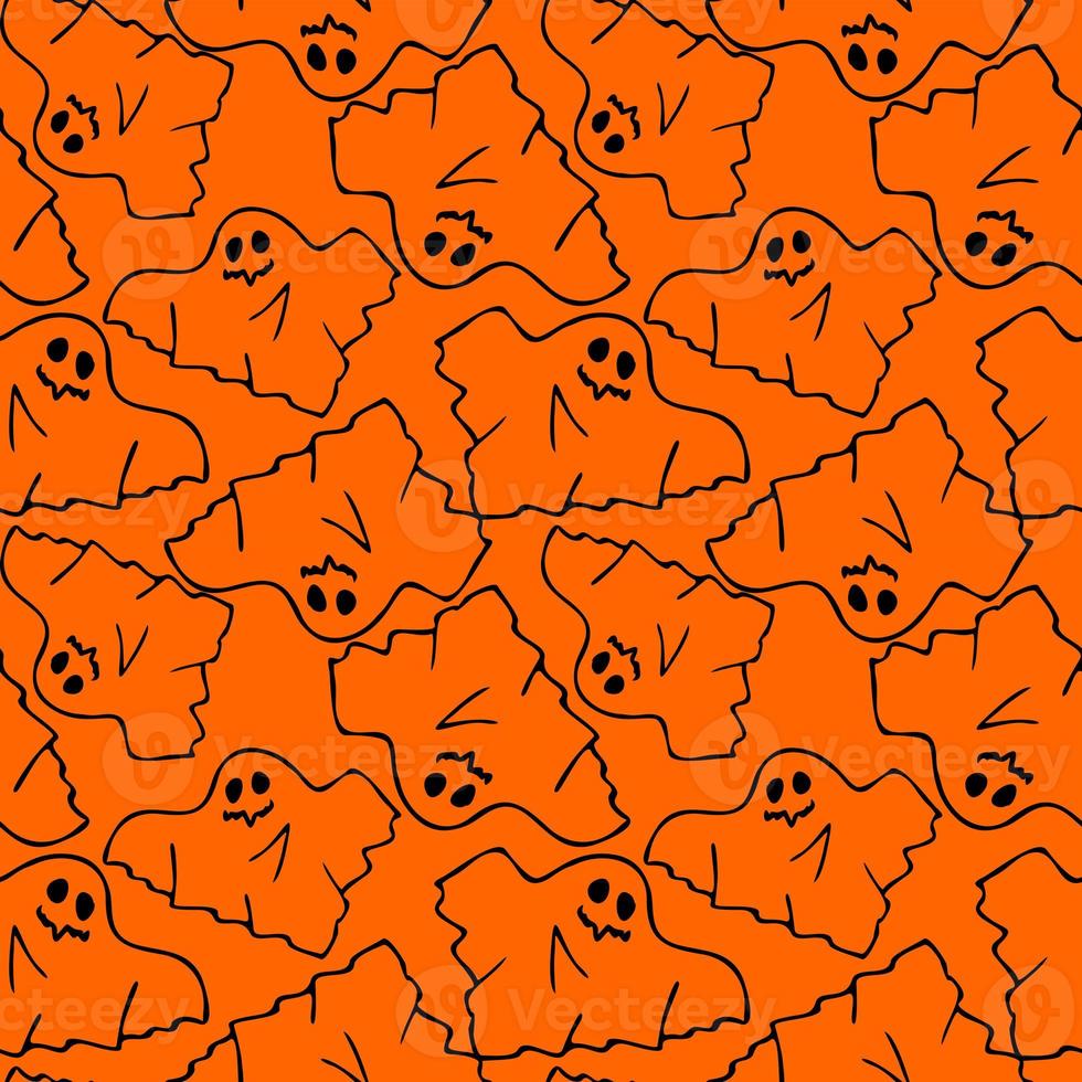 seamless contour pattern of graphic flying black ghosts on orange background, texture, design photo