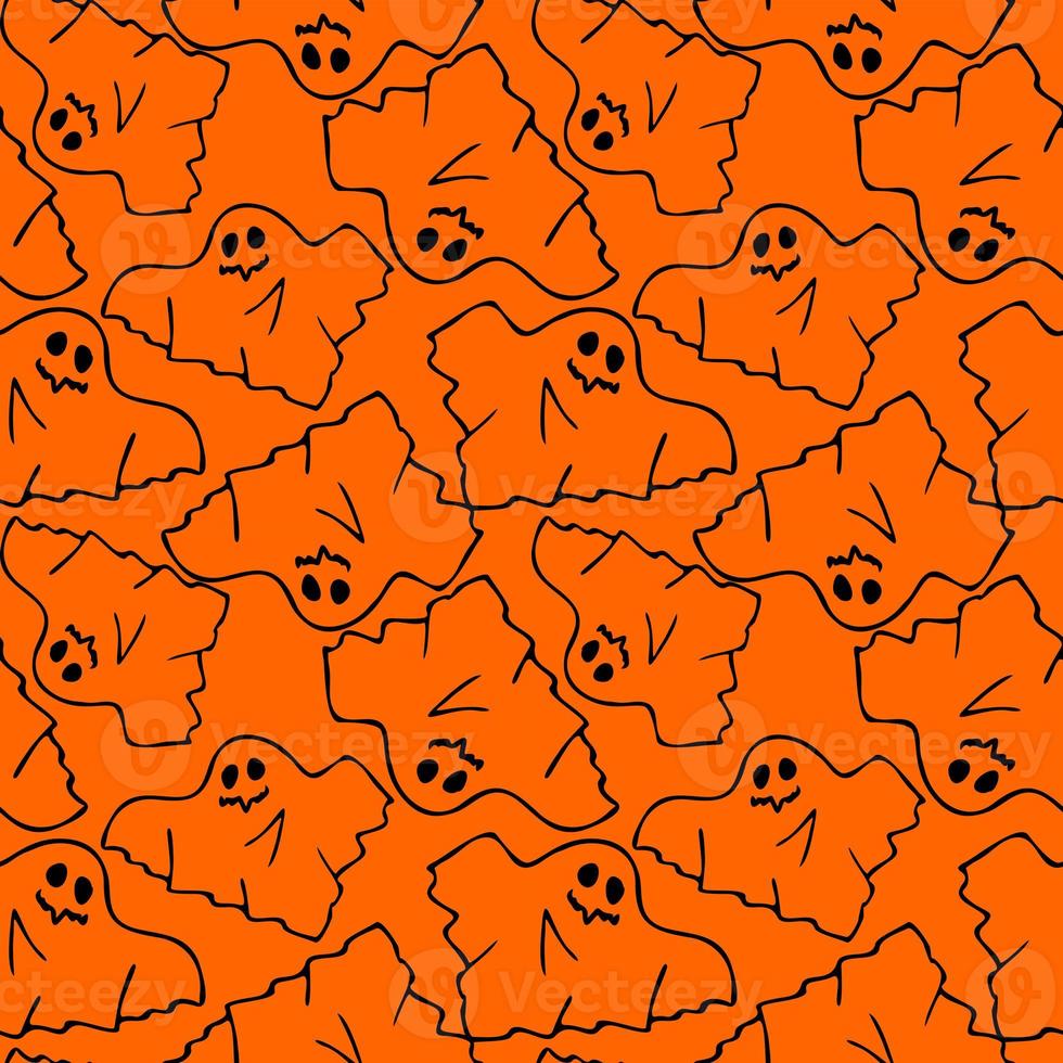 seamless contour pattern of graphic flying black ghosts on orange background, texture, design photo