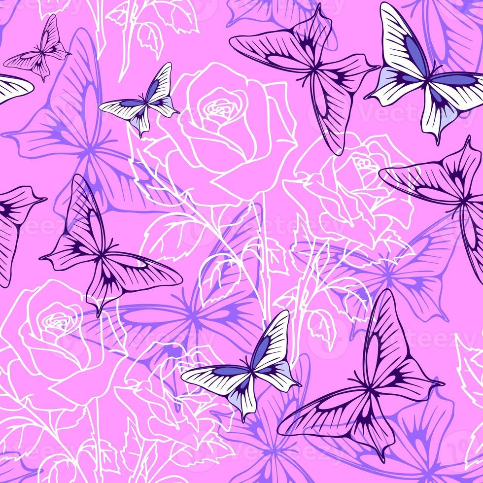 seamless pattern of white graphic roses and purple butterflies on a pink background, text, design photo
