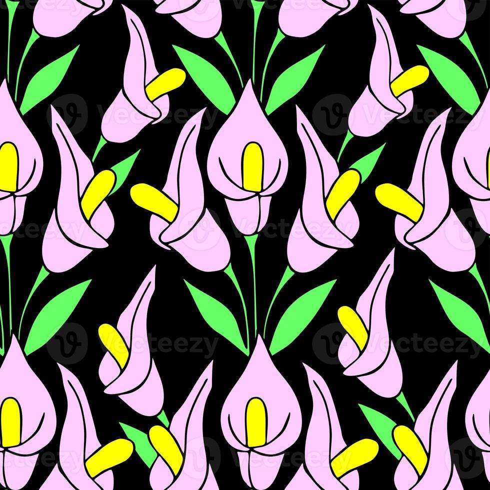 symmetrical seamless pattern of pink flowers on a black background, texture, design photo