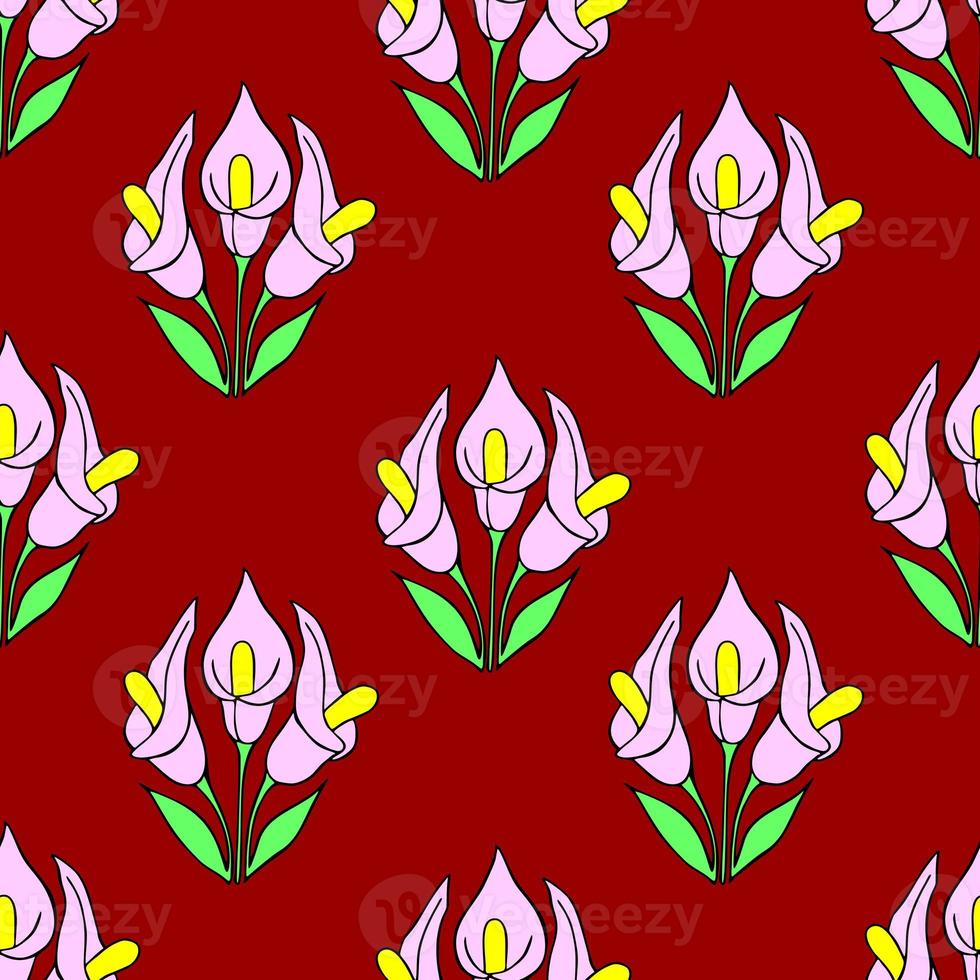 symmetrical seamless pattern of pink flowers on a red background, texture, design photo