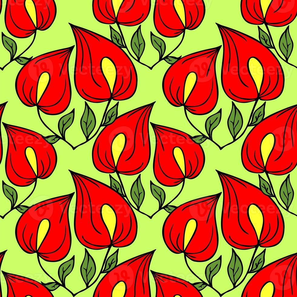 seamless symmetrical graphic pattern of red flowers on a green background, texter, design photo