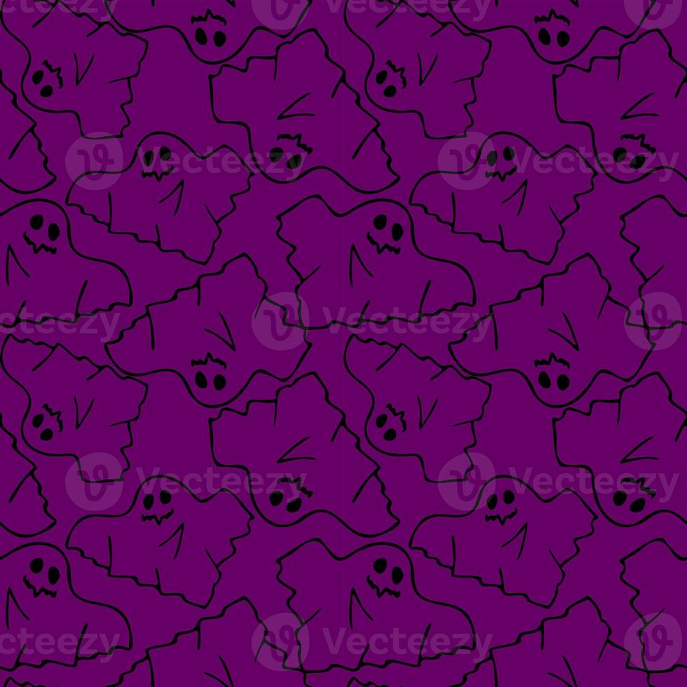seamless contour pattern of graphic flying black ghosts on purple background, texture, design photo