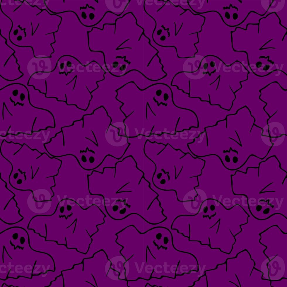 seamless contour pattern of graphic flying black ghosts on purple background, texture, design photo