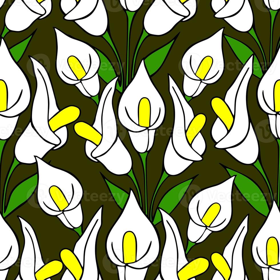 symmetrical seamless pattern of white flowers on a green background, texture, design photo