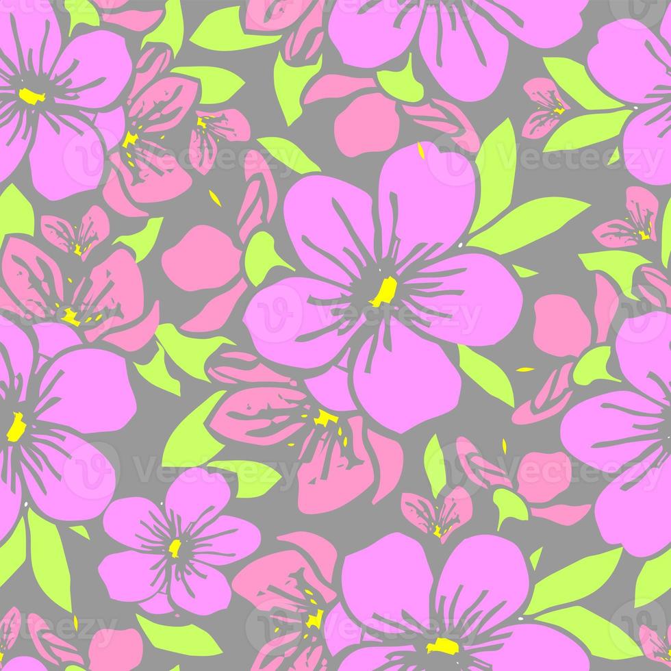 symmetrical seamless pattern of pink flowers on a gray background, texture, design photo
