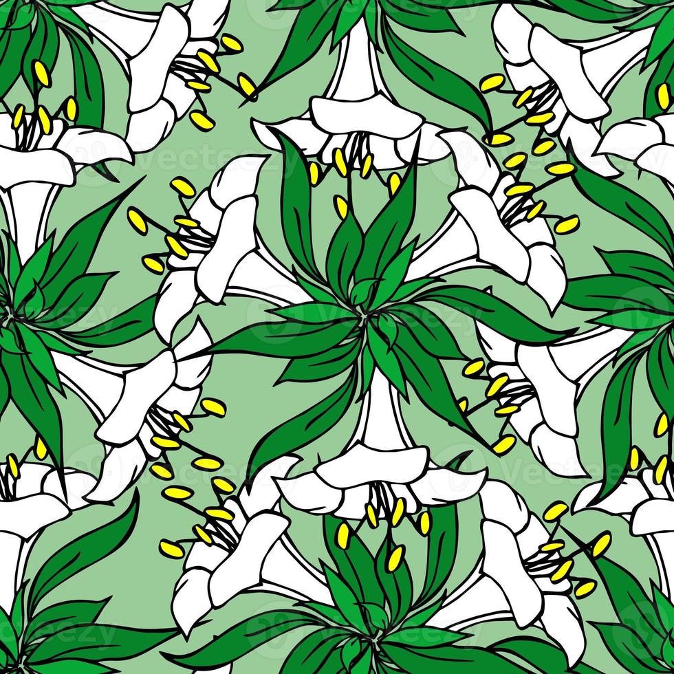 symmetrical seamless pattern of white flowers on a green background, texture, design photo