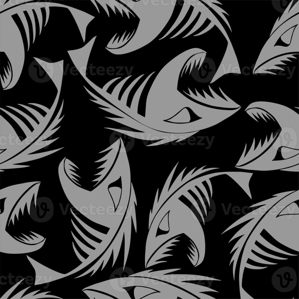 bright seamless pattern of gray graphic fish skeletons on a black background, texture, design photo