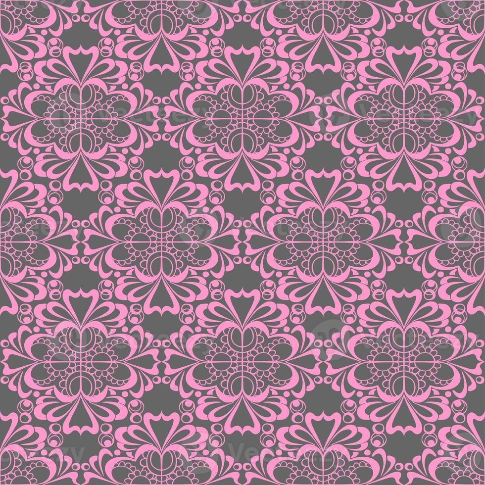 seamless graphic pattern, floral pink ornament tile on gray background, texture, design photo