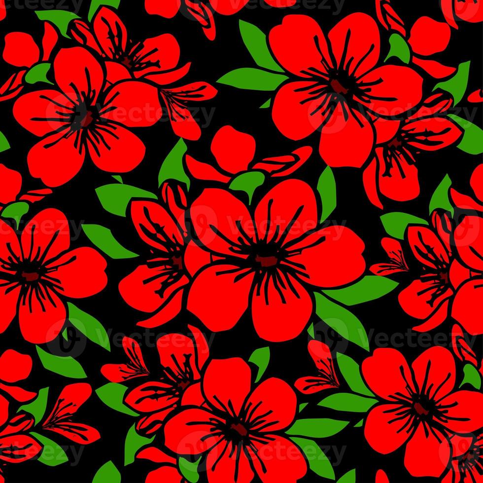 seamless pattern of red large exotic flowers with a black outline on a black background, texture, design photo