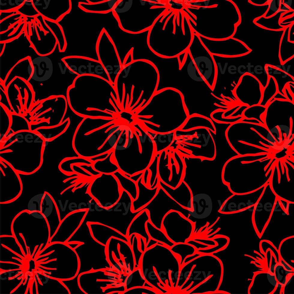 seamless pattern of red contours of flowers on a black background, texture, design photo