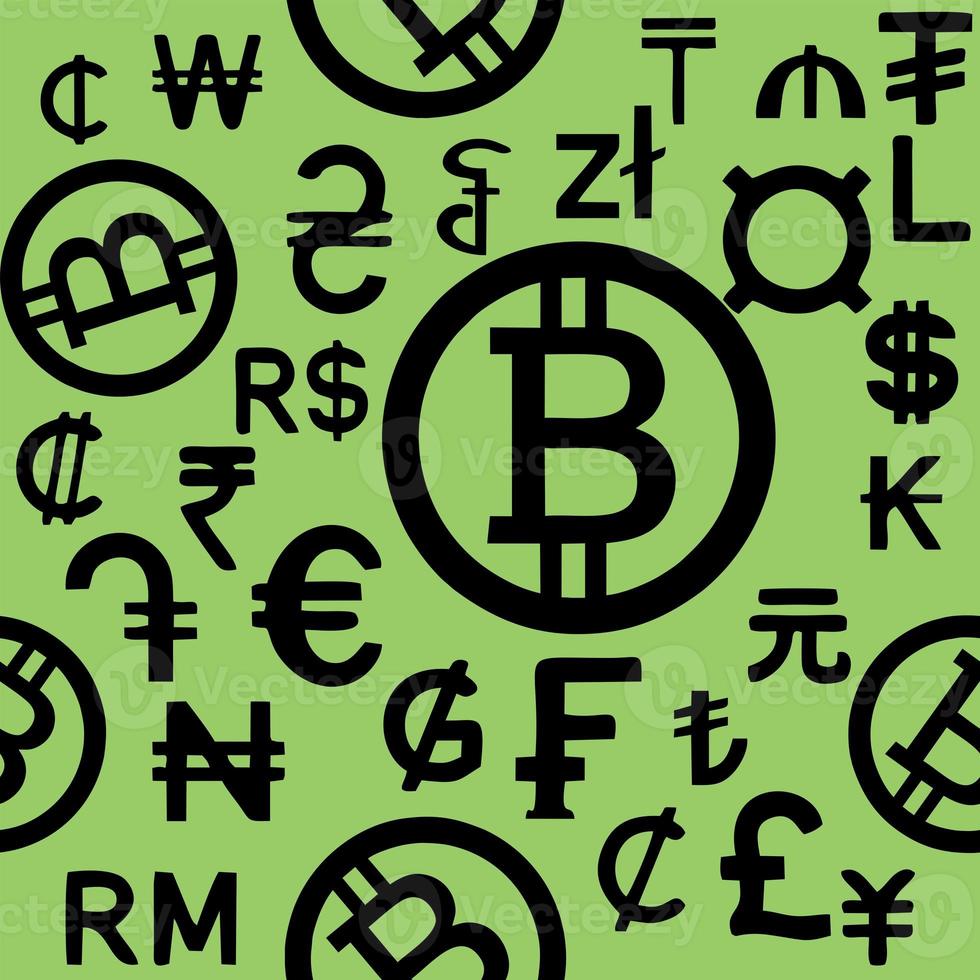 seamless black pattern of graphic symbols of different currencies of the world on a green background, texture, design photo