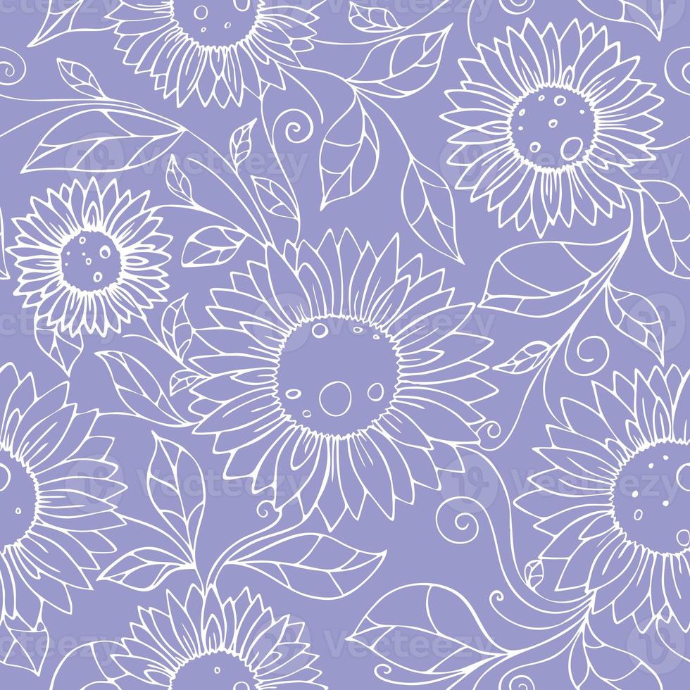 seamless pattern of white contours of flowers on a blue background, texture, design photo