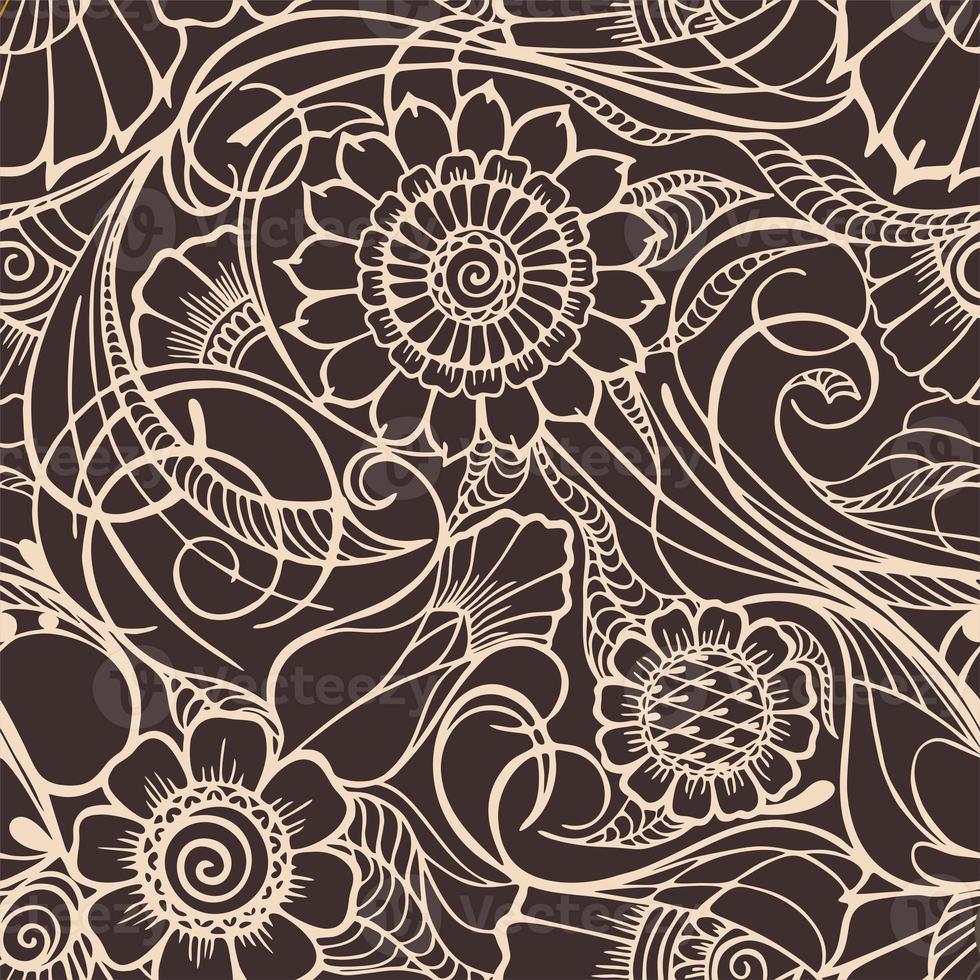 purple graphic pattern of large beige flowers on a brown background, seamless pattern, texture, design photo
