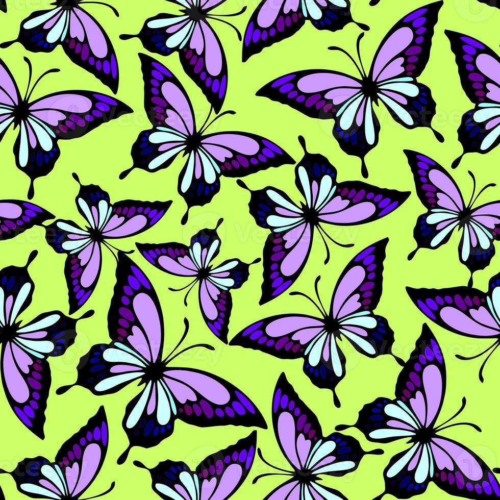 seamless pattern of bright butterflies in purple tones on a light green background, texture, design photo
