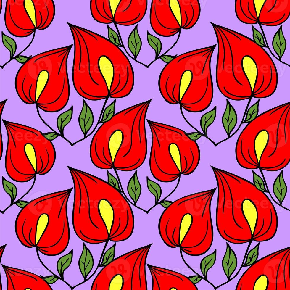 seamless pattern of red large exotic flowers with a black outline on a lilac background, texture, design photo