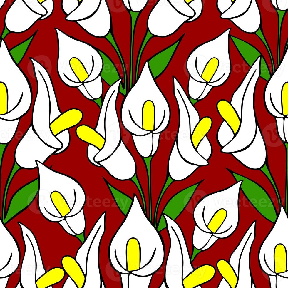 symmetrical seamless pattern of white flowers on a red background, texture, design photo