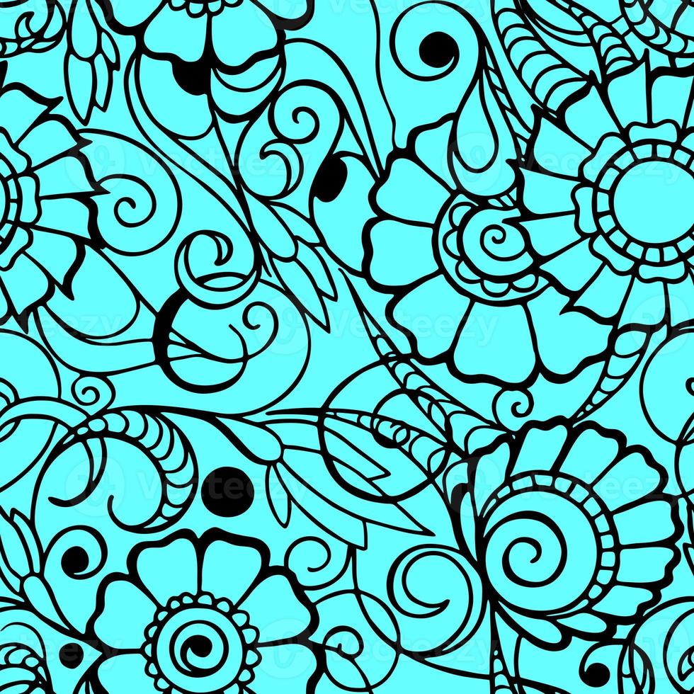 seamless pattern of black contours of flowers on a green background, texture, design photo