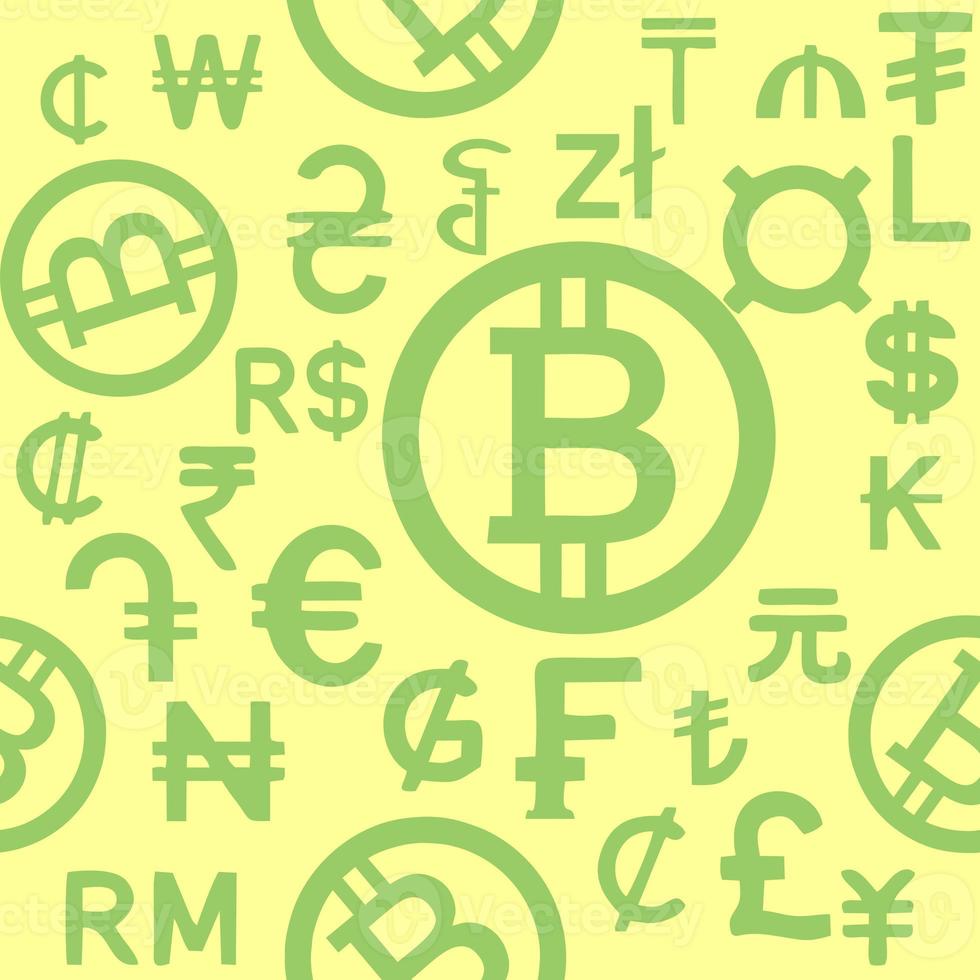 seamless green pattern of graphic symbols of different currencies of the world on a yellow background, texture, design photo
