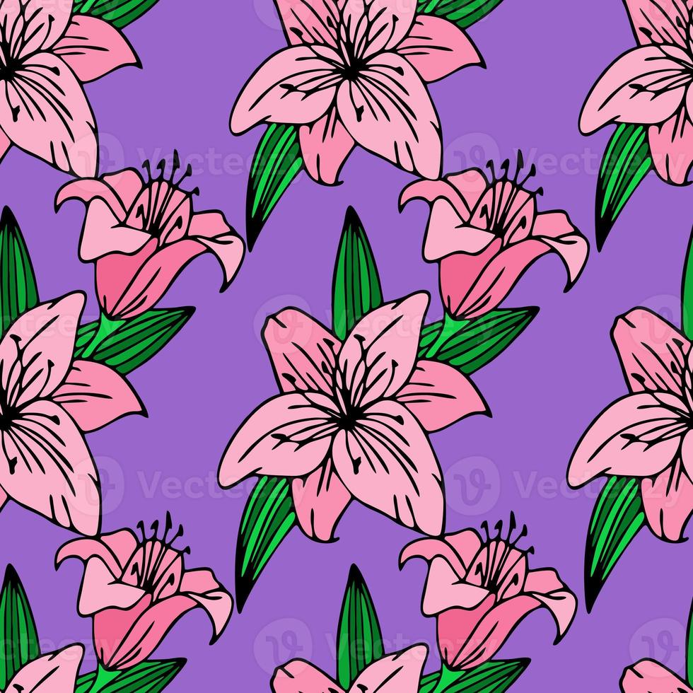 seamless repeating pattern of large pink lily flowers on a purple background, texture, design photo