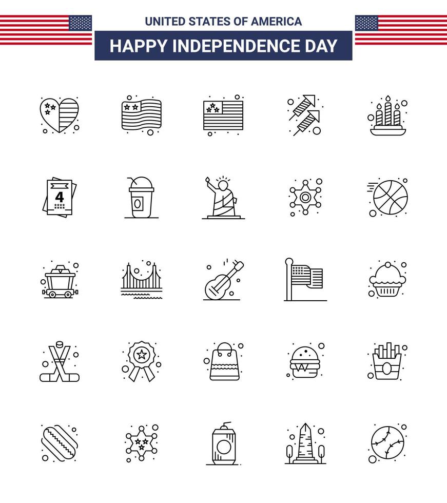 feliz día de la independencia paquete de iconos de 25 líneas para web e impresión america love fire invitación fire editable usa day elementos de diseño vectorial vector