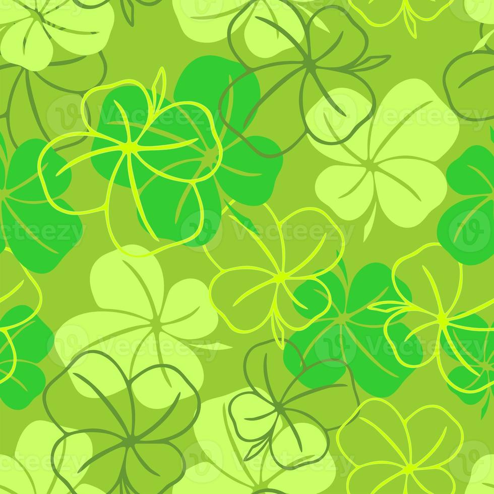 seamless pattern of green contours and silhouettes of a four-leaf clover on a green background, texture design photo