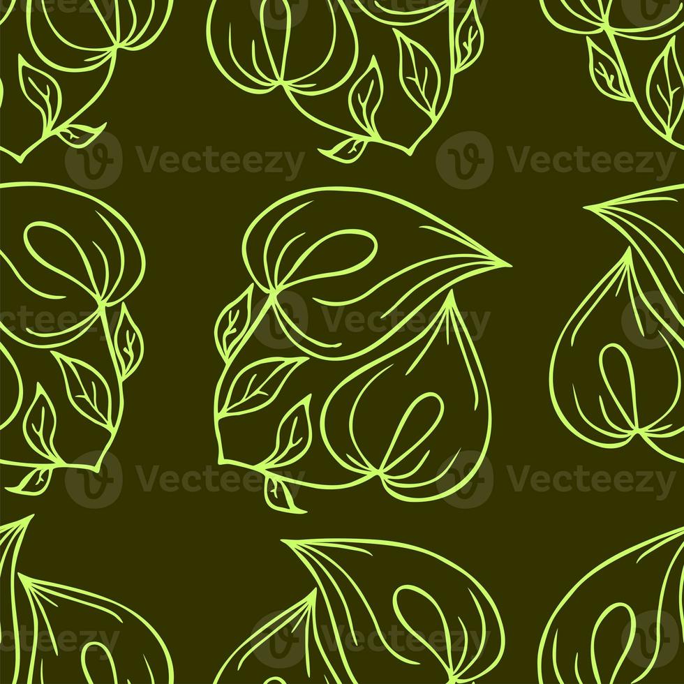 seamless contour pattern of large green graphic flowers on an olive background, texture, design photo
