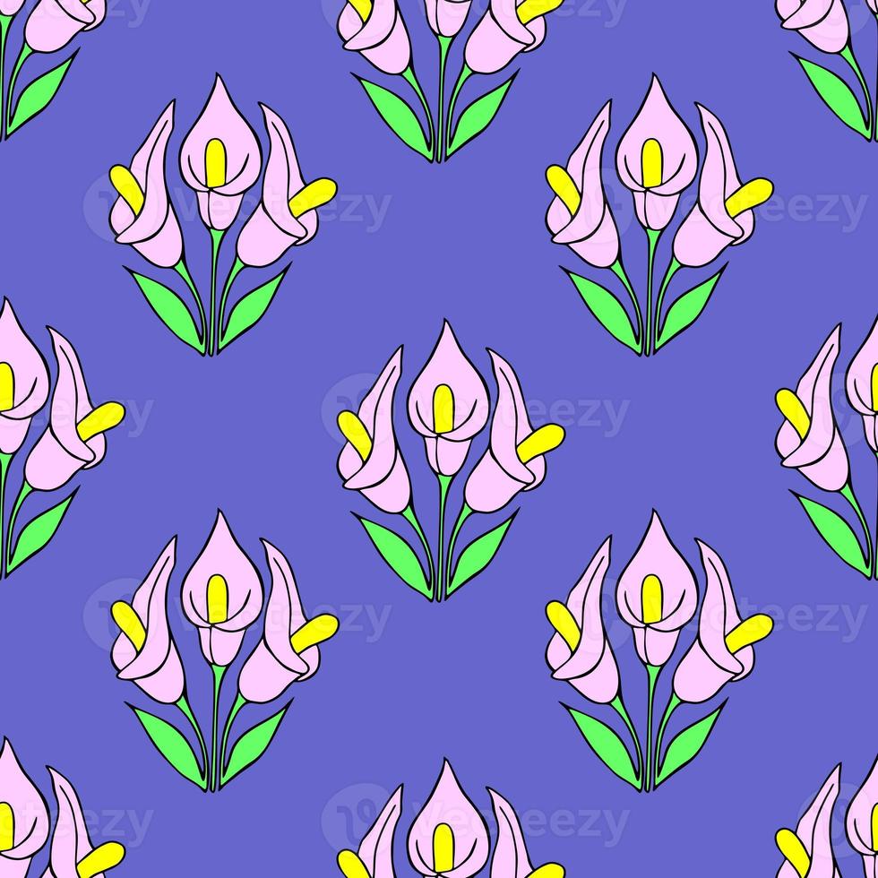 symmetrical seamless pattern of pink flowers on a blue background, texture, design photo