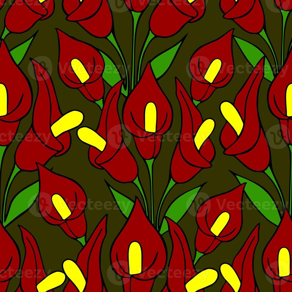 symmetrical seamless pattern of red flowers on a green background, texture, design photo