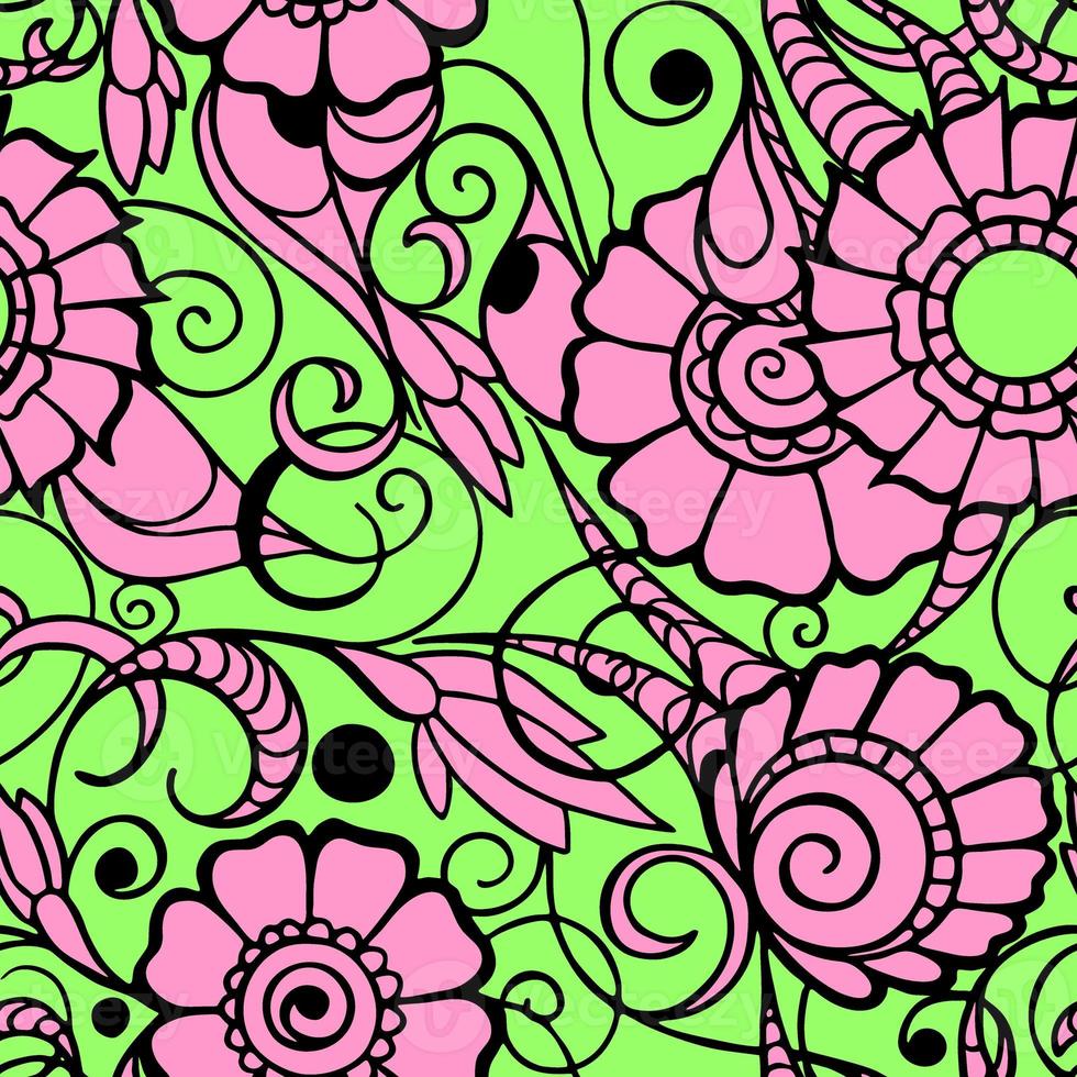 seamless pattern of large pink flowers with a black outline on a green background, texture, design photo