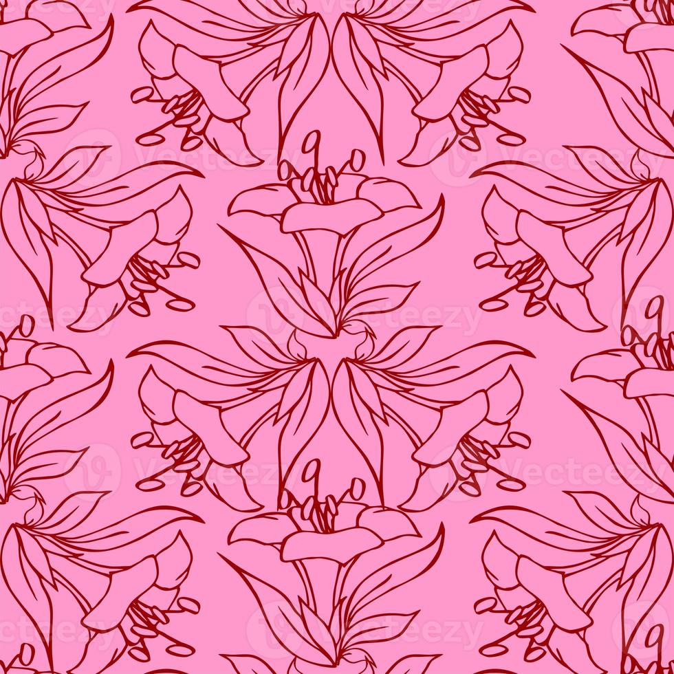 seamless contour pattern of large red graphic flowers on a pink background, texture, design photo