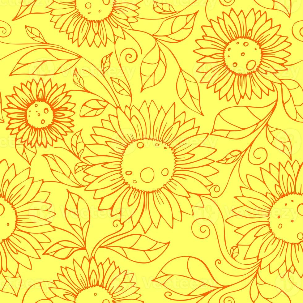 seamless pattern of orange contours of flowers on a yellow background, texture, design photo