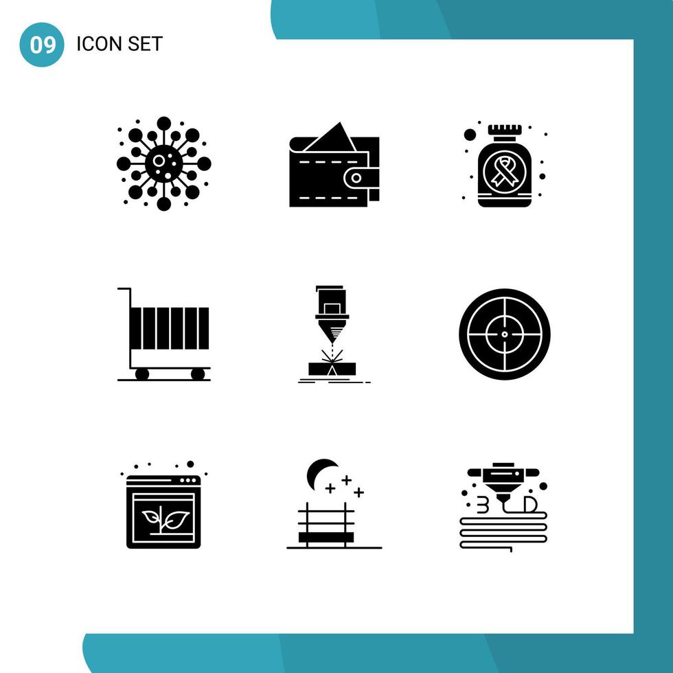 Group of 9 Modern Solid Glyphs Set for engineering shopping medicine marketing cart Editable Vector Design Elements