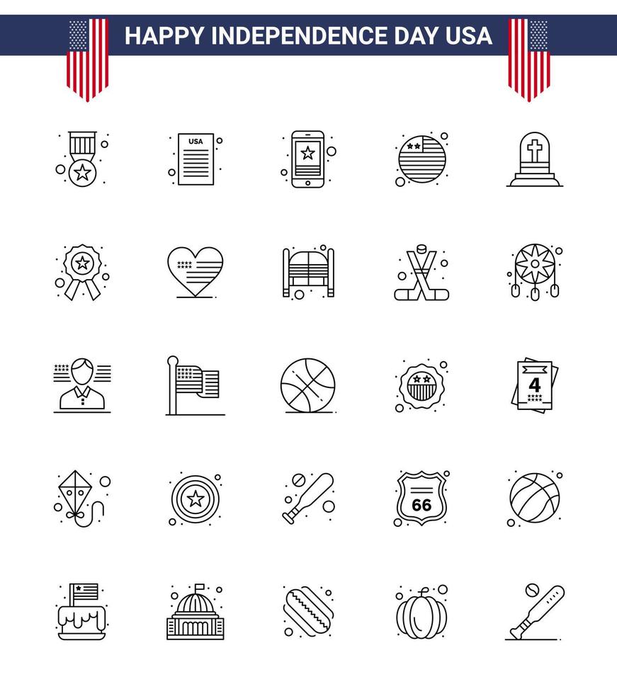 Stock Vector Icon Pack of American Day 25 Line Signs and Symbols for gravestone death star international flag country Editable USA Day Vector Design Elements