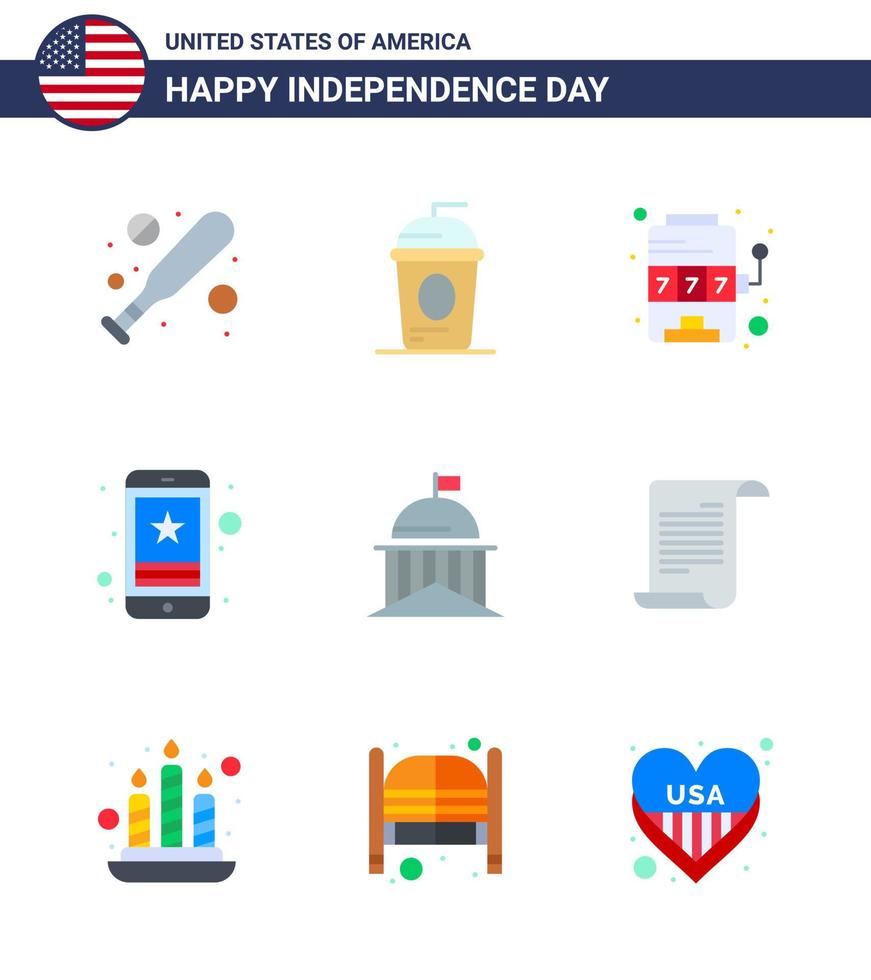 Set of 9 Vector Flats on 4th July USA Independence Day such as city mobile casino smart phone cell Editable USA Day Vector Design Elements