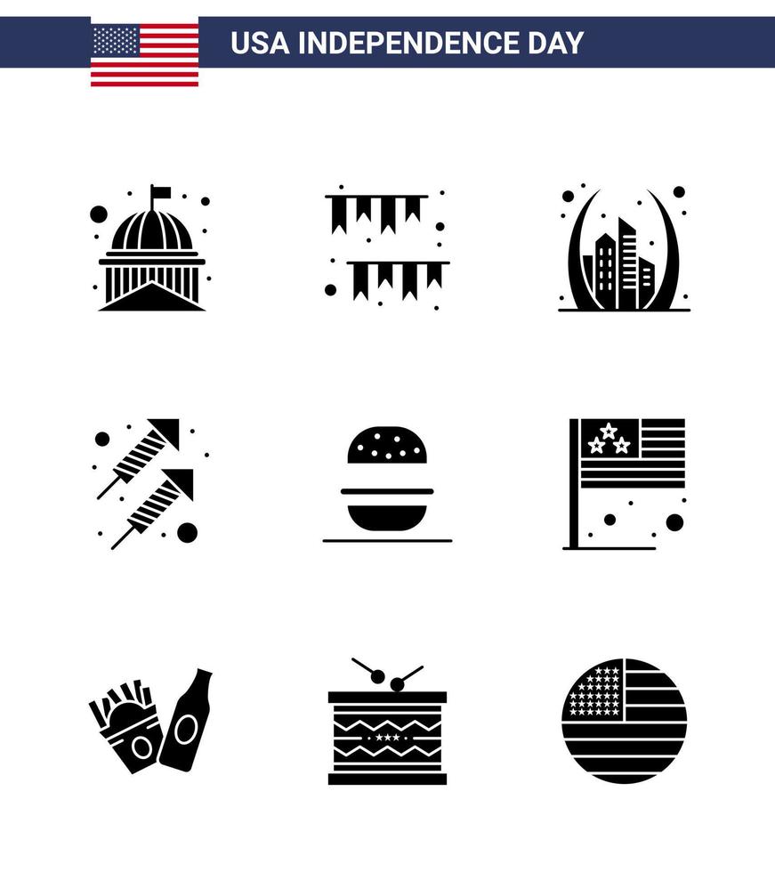 grupo de 9 glifos sólidos establecidos para el día de la independencia de los estados unidos de américa, como la decoración de la celebración de fuegos artificiales, puerta de estados unidos, elementos de diseño vectorial editables del día de estados unidos vector