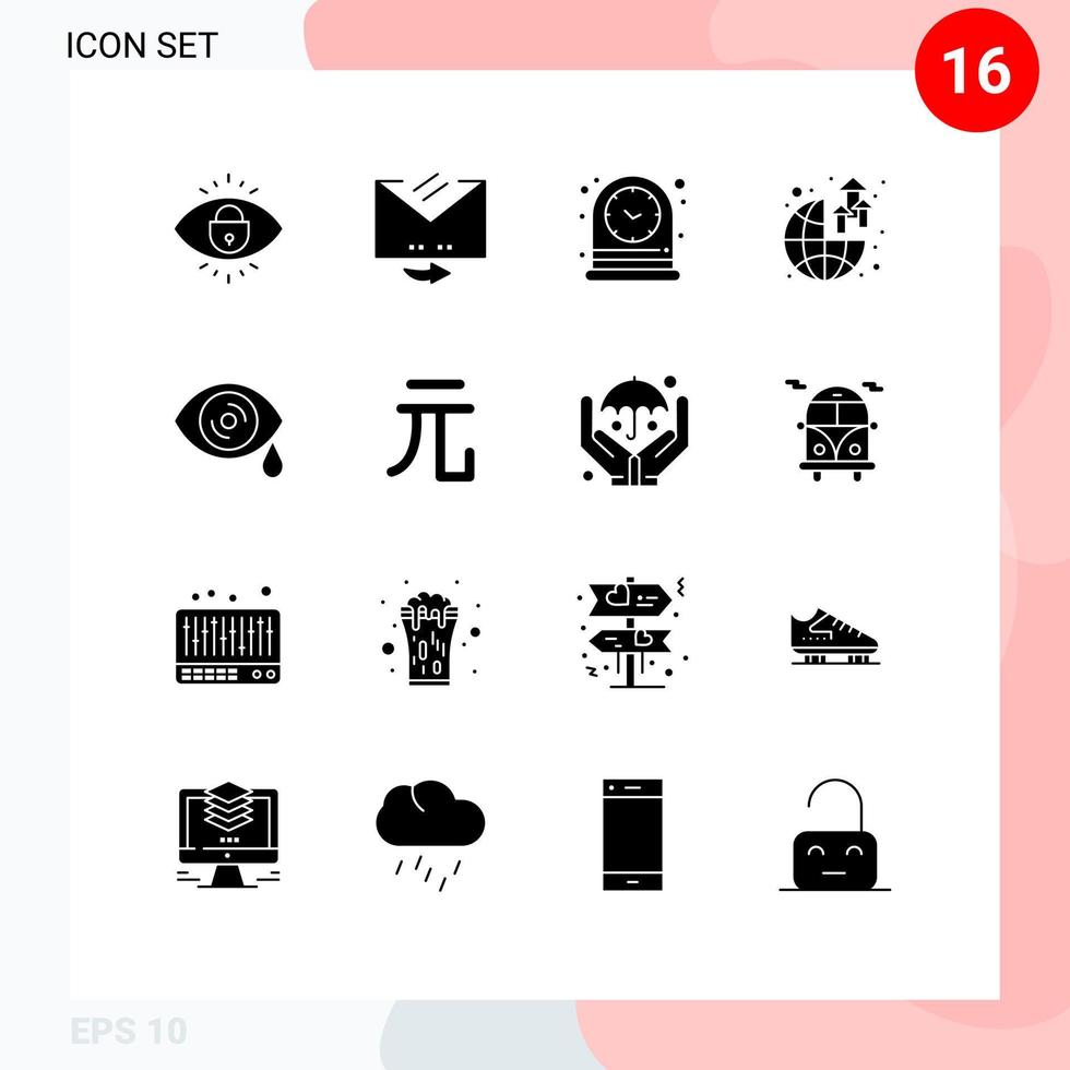 User Interface Pack of 16 Basic Solid Glyphs of eye profit clock world global Editable Vector Design Elements