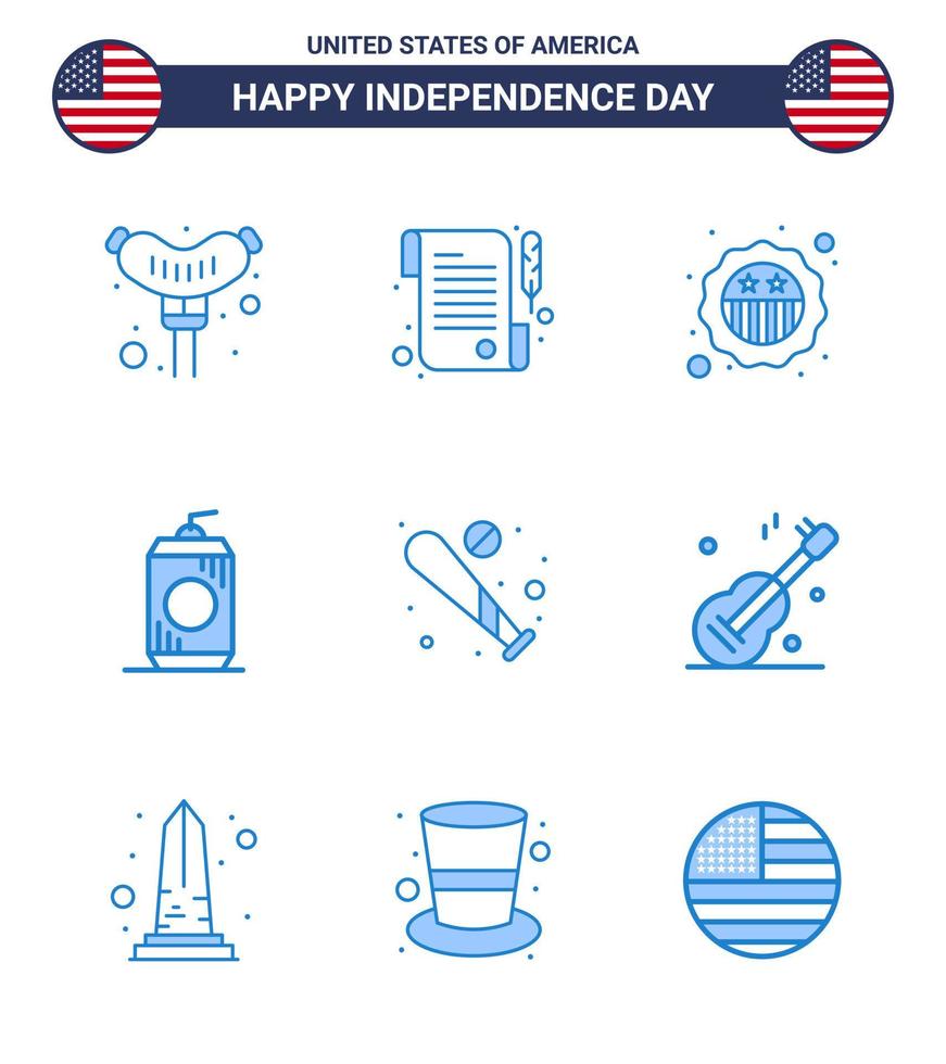 Pack of 9 USA Independence Day Celebration Blues Signs and 4th July Symbols such as sports baseball badge ball drink Editable USA Day Vector Design Elements
